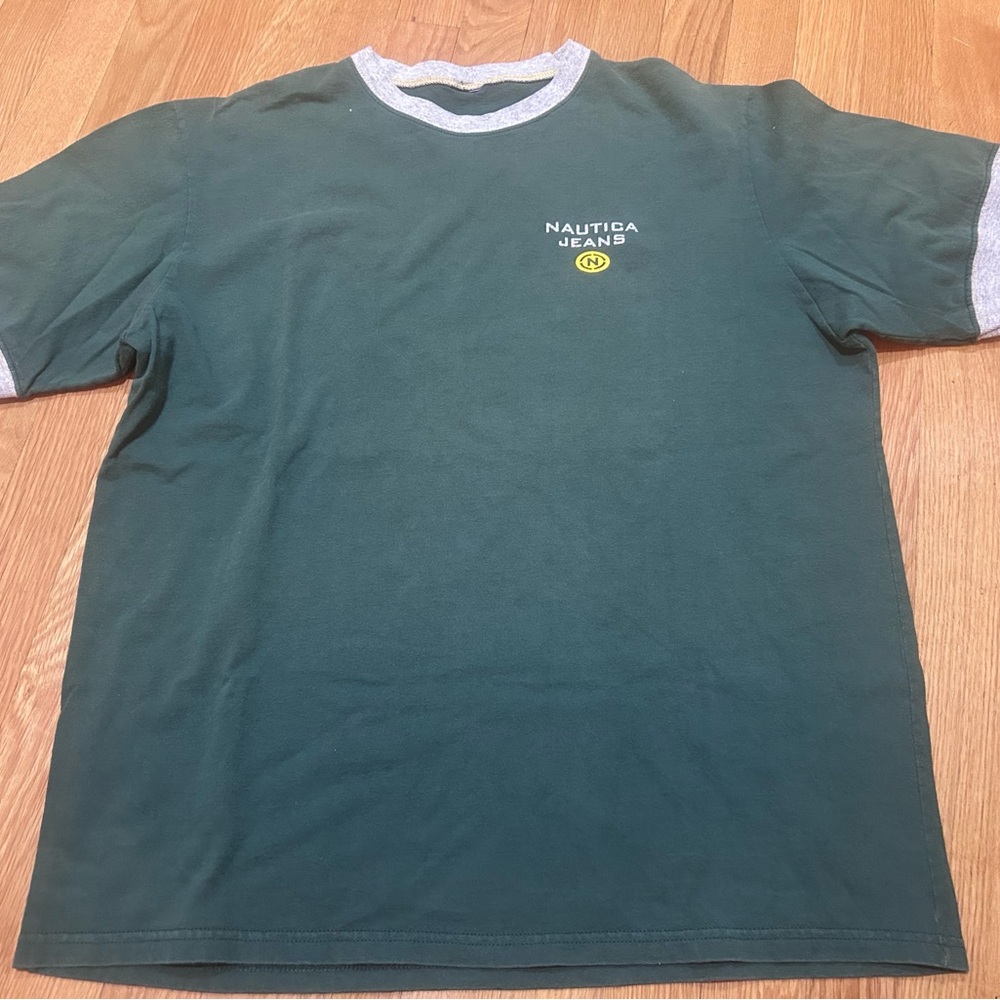 Nautica y2k Dark Green and Gray Short Sleeve ringer Tee medium